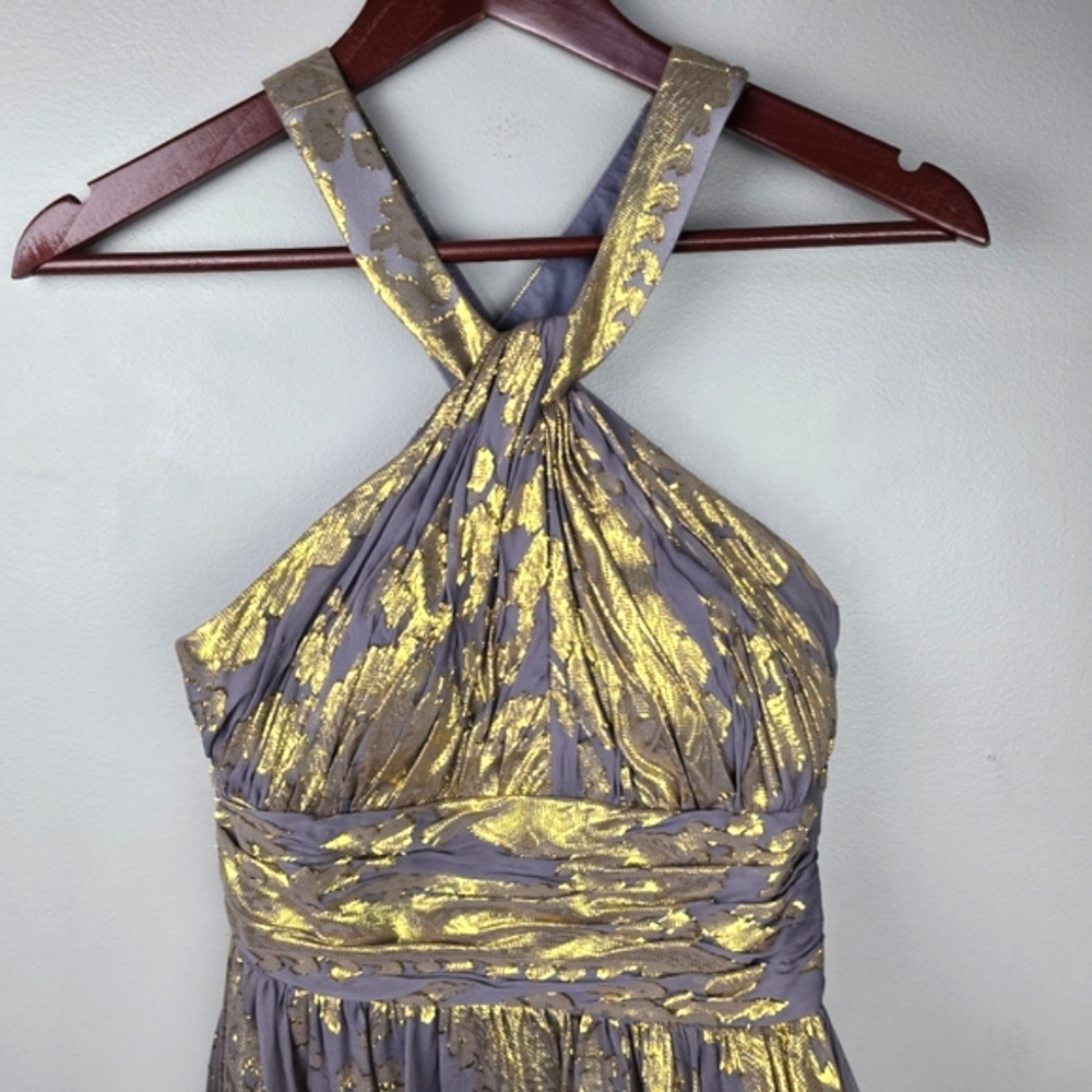 NV COUTURE Silk Mini Dress Halter Metallic Glam Gold Gray Women Size 4 Cocktail - Picture 2 of 10